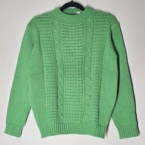 Vintage 70s Green Cable Knit Sweater L Back Zip Crew Neck Retro Cozy
